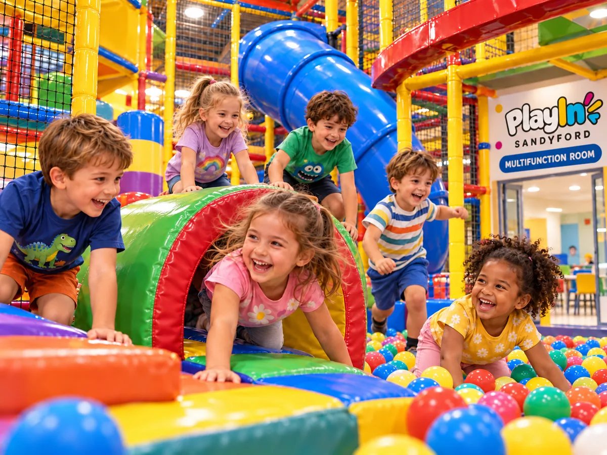 Children enjoying soft play in an illustrative scene